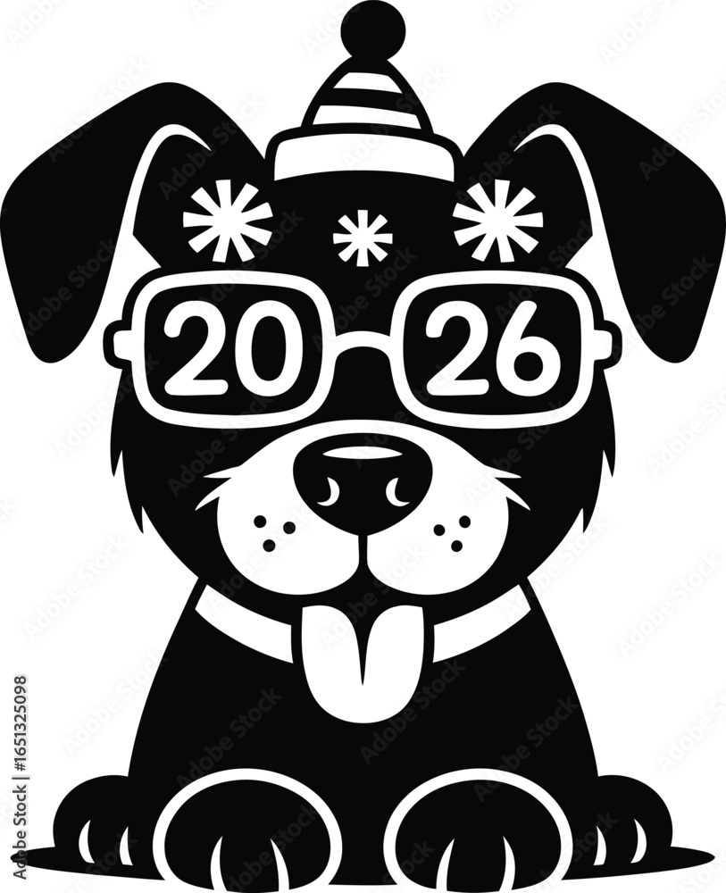 Fototapeta premium Cute Dog Wearing 2026 New Year Glasses silhouette vector