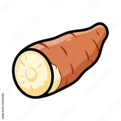 A cartoon illustration of a fresh cassava root, cut open to reveal its starchy white flesh, isolated on a plain background.
