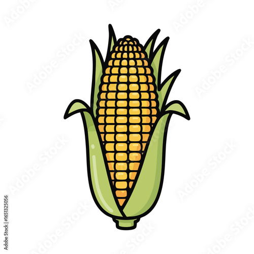 A vibrant cartoon illustration of a ripe ear of corn on the cob, with its green husk peeled back to reveal golden yellow kernels.