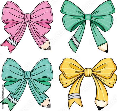 Colorful Pencil Bows Set Back to School Supplies Illustration