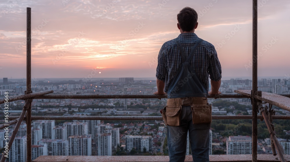 Fototapeta premium Construction Worker Watching Sunset from High Building Scaffold