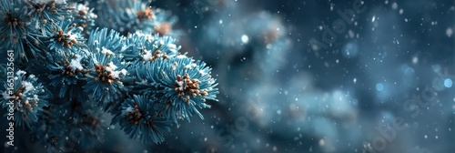 Snowflakes gently falling on evergreen branches in a serene winter landscape near a snowy forest during twilight