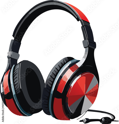 Modern red, black, and silver over-ear headphones with a microphone cable, isolated on a white background.