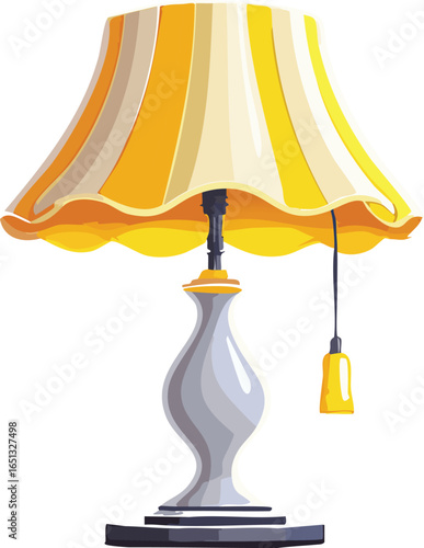 Elegant yellow and grey table lamp with pleated shade, isolated on white background.