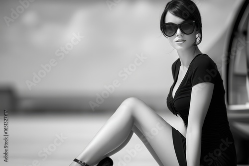chic black and white portrait of woman with sunglasses by luxury car