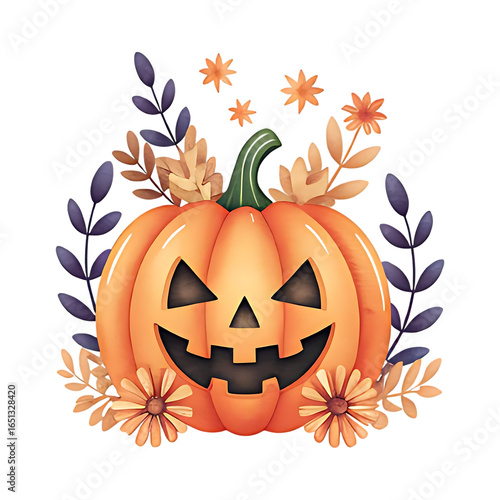 Funny halloween pumpkin among autumn leaves and flowers. Watercolor illustration in png.