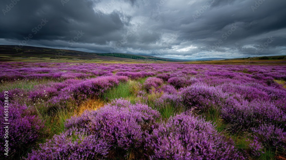 Naklejka premium Purple flowers in field with cloudy sky backdrop, landscape, idyllic nature scene