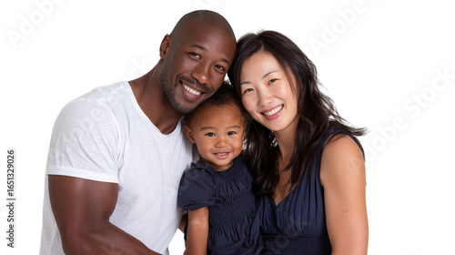 Wallpaper Mural A joyful interracial family portrait featuring a smiling Black father, Asian mother, and their adorable daughter. Torontodigital.ca