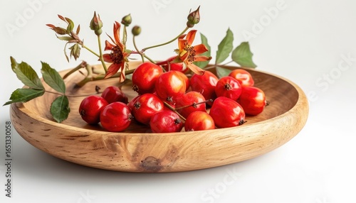Vibrant rose hips in a wooden bowl