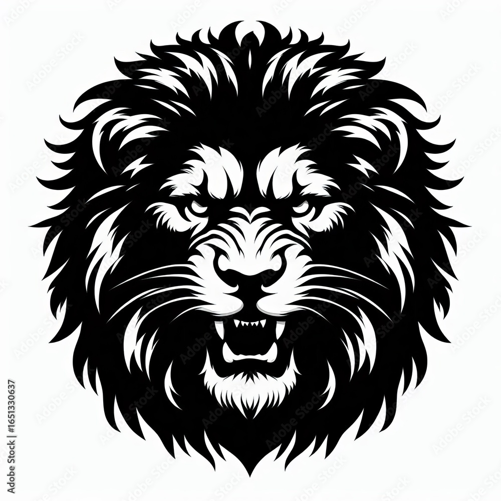 Fototapeta premium Fierce black and white lion head illustration with open mouth