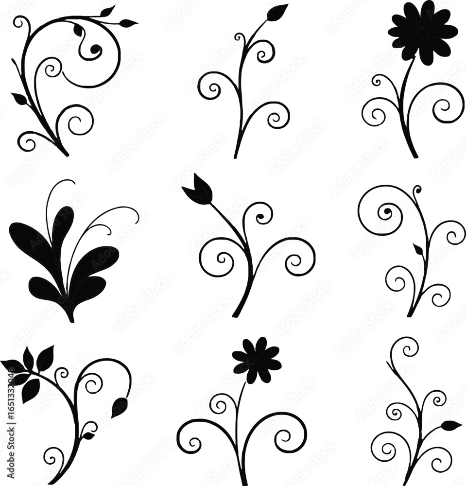Elegant Black and White Floral Swirls and Flourishes Vector Illustration Set Elegant Black and White Floral Swirls and Flourishes Vector Illustration Set