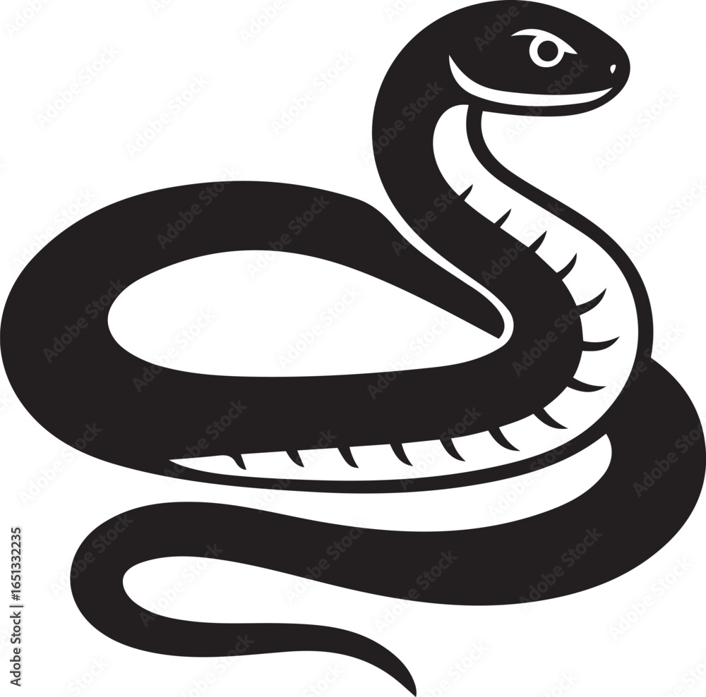 Fototapeta premium Coiled black snake reptile silhouette, Serpent snake illustration design