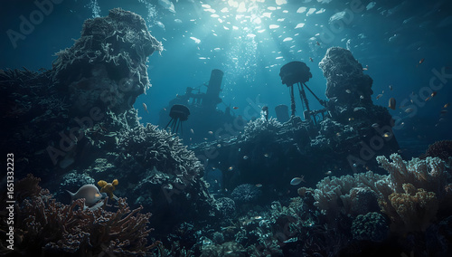 Underwater coral reef and sunken shipwreck
