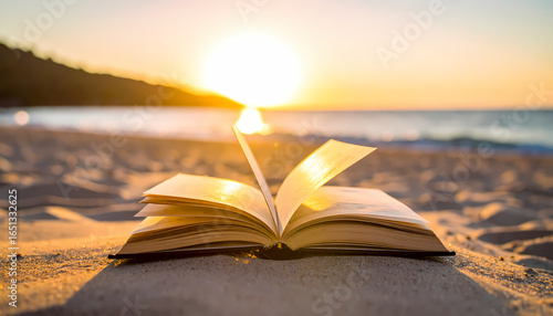Open book on beach at sunset