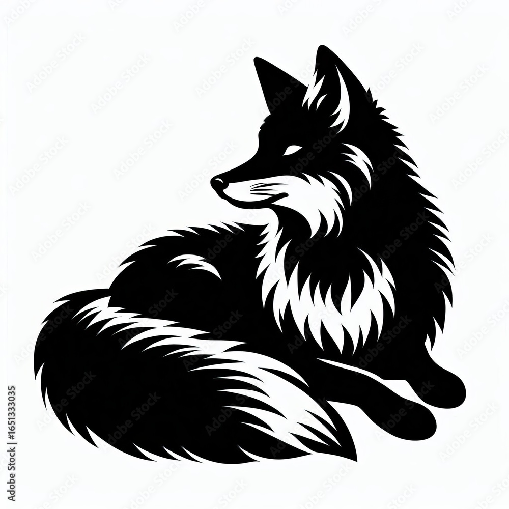 Obraz premium Stylized black and white illustration of a fox lying down
