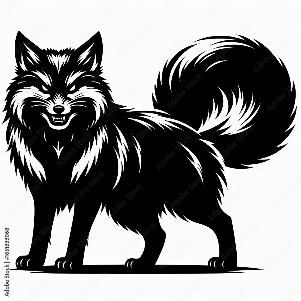 Obraz premium Fierce black fox with fluffy tail standing aggressively