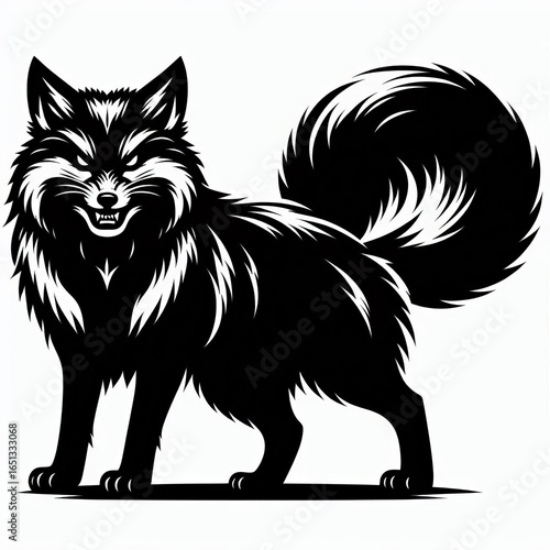 Fierce black fox with fluffy tail standing aggressively