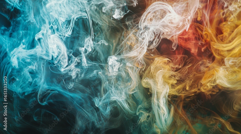 Obraz premium Colorful swirling ink in water forming abstract smoke textures with vibrant red, orange and teal tones
