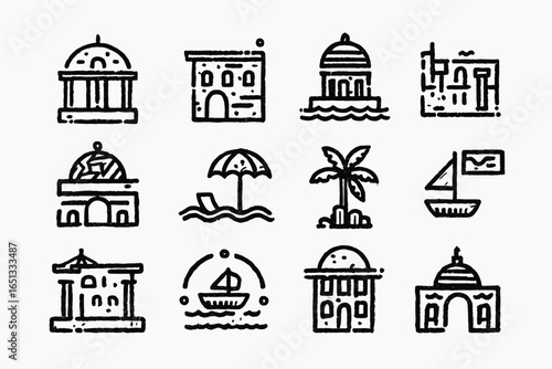 Summer Holiday icon set - sun bed, terrace, hotel building, cocktail, kayak boat, island, sunset, bikini, coconut