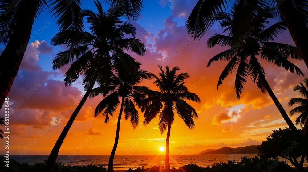 Fototapeta premium A breathtaking tropical sunrise or sunset over a serene beach, with silhouetted palm trees framing the vibrant hues of orange and purple in the sky