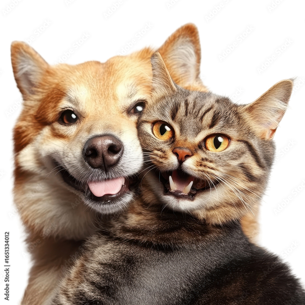 Obraz premium Portrait of Happy dog and cat that looking at the camera together, Portrait of a cheerful dog and cat, both facing the camera with bright, isolated on transparent background