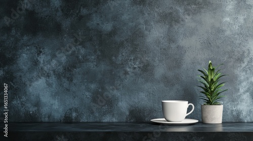 Wallpaper Mural Dark textured concrete background with white coffee cup and plant in minimalist industrial composition Torontodigital.ca