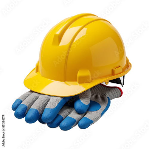 Bright yellow construction hard hat resting on a pair of blue and grey work gloves isolated on transparent background