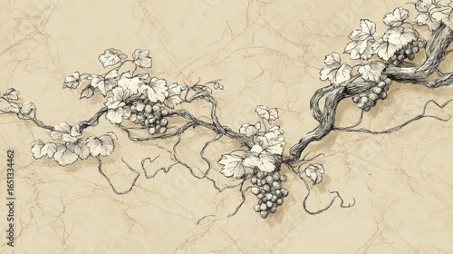 Beige canvas with curling grapevine line art in classic pen-and-ink style