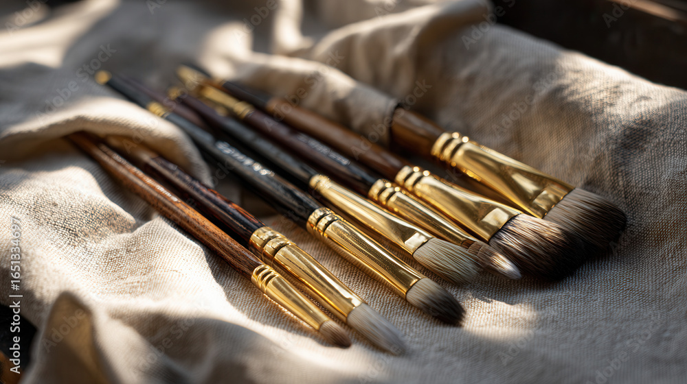 Naklejka premium A roll of synthetic and natural brushes unwrapped, sizes labeled, brass ferrules glowing in angled sun, linen cloth beneath.