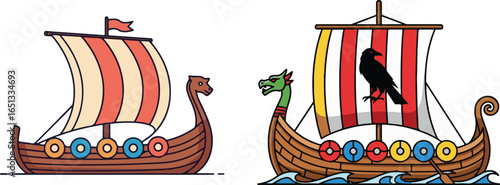Viking ships illustration with raven and dragon figurehead, traditional nordic symbol