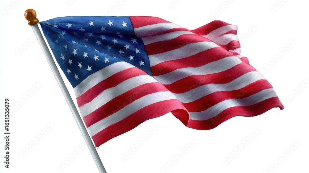 Fototapeta premium Image shows American flag waving on flagpole, featuring stars and stripes in red, white, and blue