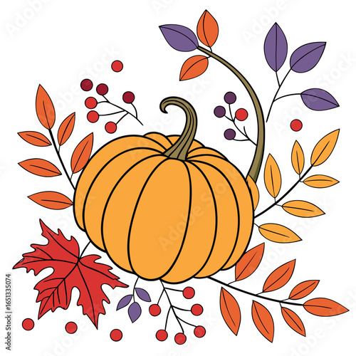 Vibrant illustration of an orange pumpkin surrounded by autumn leaves and berries on a white background