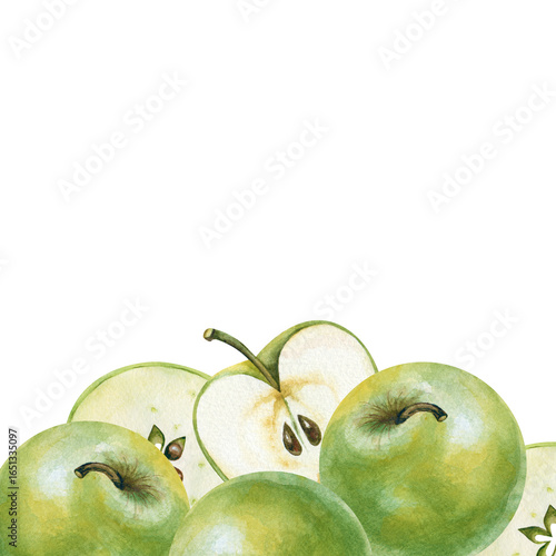 
A frame made in watercolor in the form of green apples by Granny Smith. Handmade illustration, isolated on a white background. An autumn fruit template for packaging, menus, invitations, and business