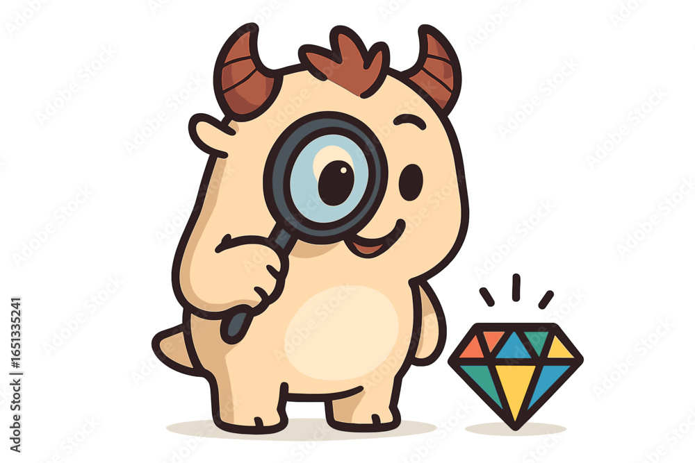 Fototapeta premium The puke mascot is verifying the genuineness of a diamond