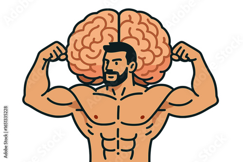 Power Brain emblem, genius concept, is represented by a vector design featuring a human anatomical brain with strong bodybuilder bicep hands, symbolizing brain training, IQ growth, and mental health