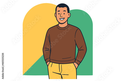 A confident young Pakistani or Indian businessman with dark skin and a handsome smile poses in a modern casual sweater, depicted in a vector flat style cartoon illustration with a creative background