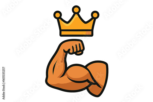 A brain with robust bicep hands of a bodybuilder symbolizes the Power Brain emblem, representing genius concepts of brain training to grow IQ and maintain mental health