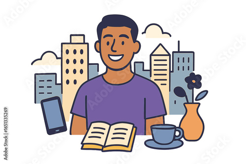 A man with a smile on his face, expressing happiness and joy, Happiness Customizable Semi Flat Illustration becomes A smiling man showing feelings of happiness and joy, Happiness Customizable Semi