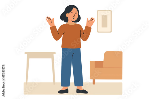 Vector illustration depicting a woman character standing and clapping with a hand gesture