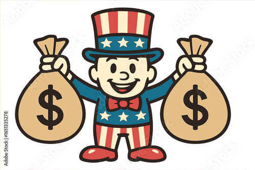 An adorable picture of a circle badge featuring a USA cartoon character clutching money bags