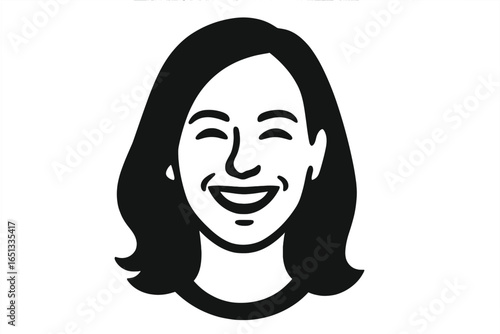 A young woman's face displays authentic joy and upbeat emotions on a white background, a worker appears delighted after reaching their goal in a vector icon illustration