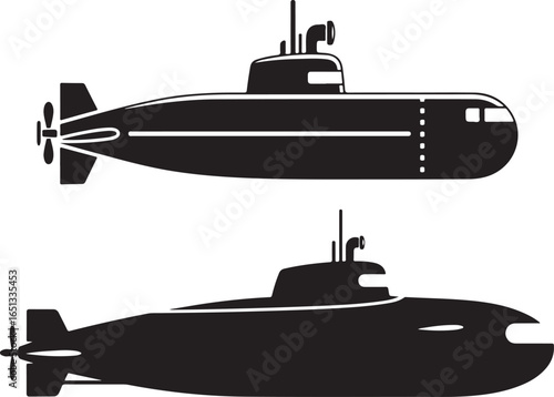 Black and white submarine vector illustration on white background.