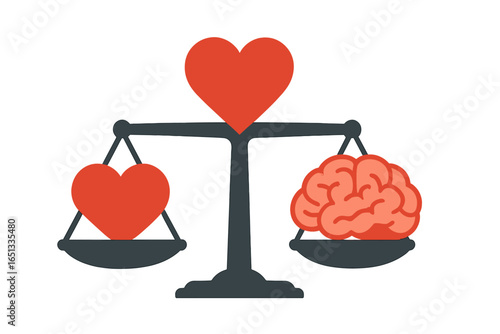 A concept of balance between brain and heart on scales symbolizing the conflict between emotions and rational thought, represented as a vector illustration of an editable stroke linear icon