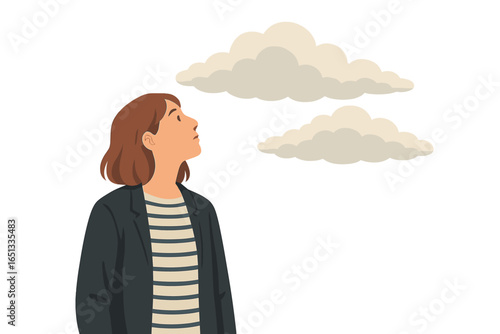 Vector illustration depicting a woman character expressing negative emotion amidst a cloudy and lightning-filled backdrop