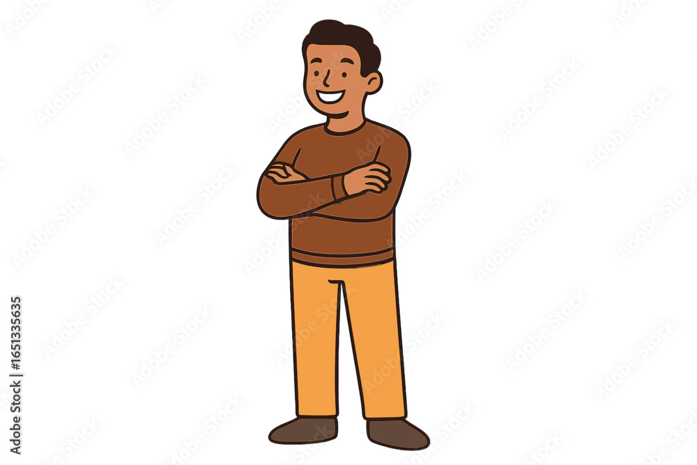 Obraz premium A confident young Pakistani or Indian businessman with handsome dark skin poses in a modern casual sweater, depicted in a vector flat style cartoon illustration on a creative background