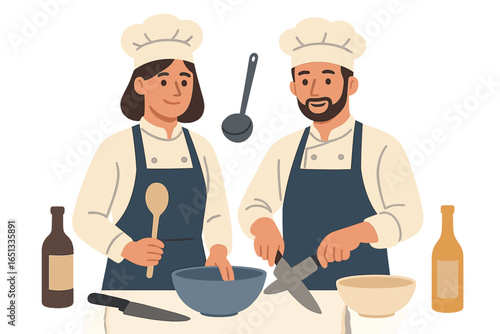 A male chef instructs on baking while a female viewer follows a video recipe at home, symbolizing the concept of digital cooking guides and homemade meals through a vector flat illustration