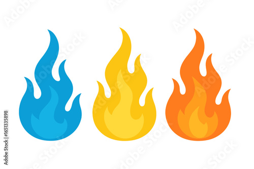 Vector kitchen appliances including isolated gas burners with yellow and blue flames, for home meal preparation and cooking, utilizing economic heat technology for boiling