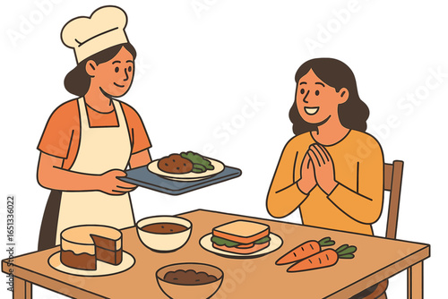 Illustration of a warm family mealtime at home with a woman serving food to her loved ones