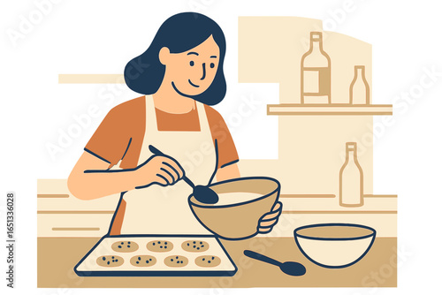 Vector cartoon illustration of a teenage girl wearing an apron and baking in the kitchen, engaging in a cooking hobby, working with ingredients, and acquiring new skills during leisure time at home