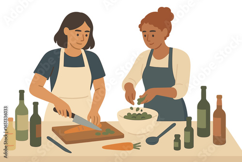 Illustration of a mature LGBTQ+ couple preparing Asian food together in the kitchen, spending quality cooking time with each other at home